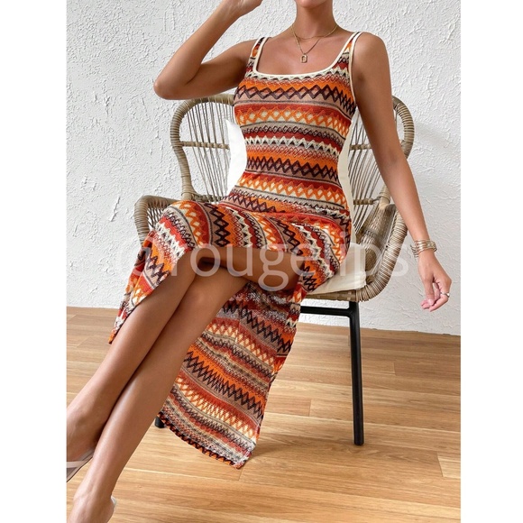 Knit Striped Tank Dress Side Leg Slit Long Ribbed Multicolor Long, Slim - Picture 3 of 13
